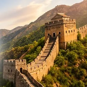 La Grande Muraille de Chine serpentant à flanc de montagne jusqu’à une tour de guet